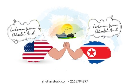 Two countries arm wrestling with each other,with a talking bubble.A battleship,a tank and fighter jets seen in the background on a sunny sky. Representing the countries with USA and north korean flag.