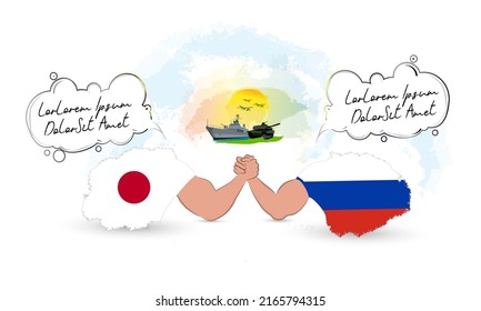 Two countries arm wrestling with each other,with a talking bubble.A battleship,a tank and fighter jets seen in the background on a sunny sky. Representing the countries with Russian and nipponian flag