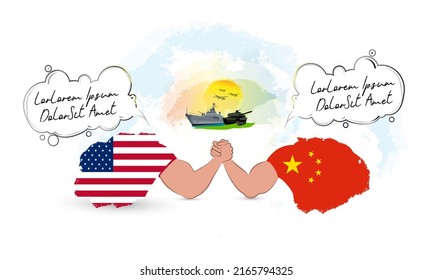 Two Countries Arm Wrestling With Each Other,with A Talking Bubble.A Battleship,a Tank And Fighter Jets Seen In The Background On A Sunny Sky. Representing The Countries With USA And Chinese Flag.