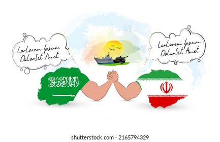 Zwei Länder bewaffnen miteinander zu ringen, mit einer sprechenden Blase. Ein Schlachtschiff, ein Panzer, Kampfjets, die im Hintergrund auf einem sonnigen Himmel gesehen werden. Vertretung der Länder unter iranischer und saudischer Flagge