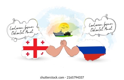 Zwei Länder bewaffnen mit einer sprechenden Luftblase miteinander. Ein Schlachtschiff, ein Panzer und Kampfjets, die im Hintergrund auf einem sonnigen Himmel zu sehen sind. Vertretung der Länder mit russischer und georgischer Flagge.