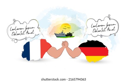 Zwei Länder bewaffnen mit einer sprechenden Luftblase miteinander. Ein Schlachtschiff, ein Panzer und Kampfjets, die im Hintergrund auf einem sonnigen Himmel zu sehen sind. Vertretung der Länder mit deutscher und französischer Flagge.
