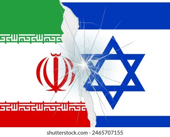 Two countries flag war concept. State flags of Iran and Israel. Iran VS Israel. Iran flag and Israel flag on War Background. latest event illustration. Iran attacks Israel