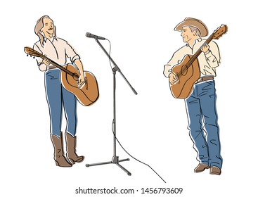 Two country musicians play guitar. Male and female guitar players in cowboy hats and in jeans. Black isolated contour and colors. Hand drawn style. Vector element. Colorful flat illustration.