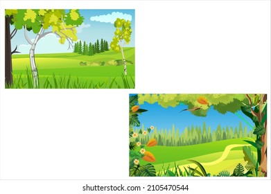 Two countyside landscape scene, green fields, green grass, blue sky and clouds, vector