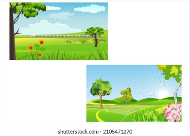 Two countyside landscape scene, green fields, green grass, blue sky and clouds, vector