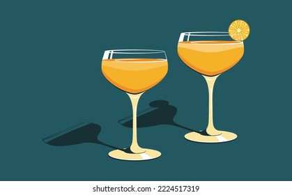 Two coupe glasses of cocktails with orange garnish drawing in retro art style. Elegant vintage orange drinks casting shadows on a surface. Vector illustration for bars, celebration and festive events.