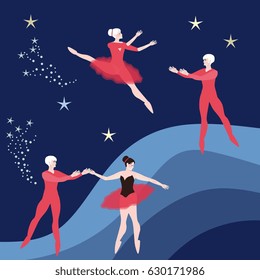 Two couple of ballet dancers on dark blue cosmic background.
