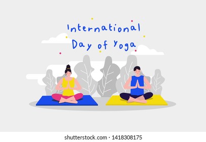 Two couple boy and girl are doing a yoga meditation in beautiful fresh nature outside