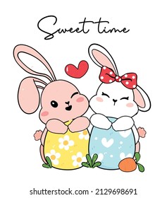 two couple cute friendship baby bunny rabbith white and pink hug easter eggs, cartoon drawing outline, Happy easter