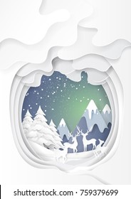 Two couple of deers joyful on snow and winter season with nature landscape background for merry christmas and happy new year paper art style.Vector illustration.