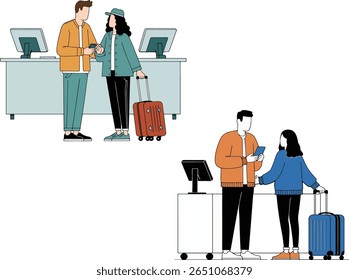 Dos parejas en los mostradores de facturación del aeropuerto, una pareja que se registra y la otra en la entrega de equipaje, ambos con equipaje y teléfonos.

