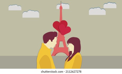 Two couples celebrating Valentine's Day in front of the Eiffel Tower. Copy space, vector illustration