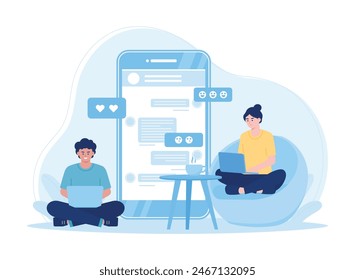 the two couples are chatting using laptops trending concept flat illustration