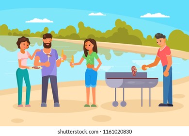 Two couples friends having bbq party in countryside near lake. People cooking meat, sausages on grill, drinking beer. Vector flat style design illustration.