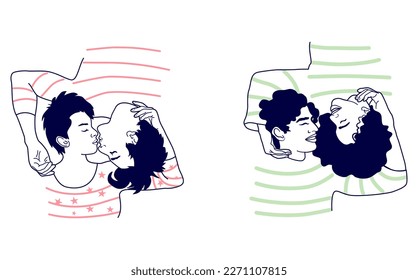 Dos parejas abrazando y besando, ilustración de sketch de arte en línea, aisladas en un fondo blanco. Hombres y mujeres enamorados, unidos y tiernos.
