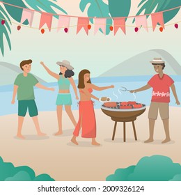 Two couples are invited to go on a picnic and have a beach barbeque party and grill BBQ at the beach. Beautiful sandy beach with coconut trees decorated with string flags. Cartoon vector illustration