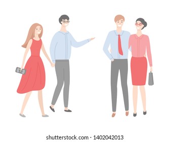 Two couples, men in shirts and trousers and women in red gowns, bag in hands. Married office workers, business people in strict cloth isolated vector