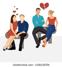 Two couples of men and women. First is in love, second is arguing