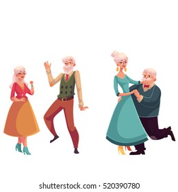 Two Couples Of Old, Senior People Dancing Together, Cartoon Style Vector Illustrations Isolated On White Background. Two Couples Of Old Ladies And Gentlemen Dancing Romantically