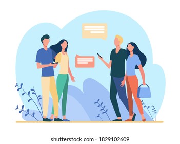 Two couples with phones walking and meeting outside. Talking, conversation, speech bubble flat vector illustration. Communication, dating concept for banner, website design or landing web page