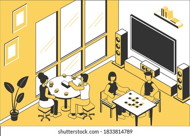 Two couples playing board games isometric room corner interior view with home cinema set vector illustration 