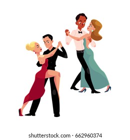 Two couples of professional ballroom dancers dancing, looking at each other, cartoon vector illustration isolated on white background. Two ballroom dance couples dancing tango, waltz, rumba
