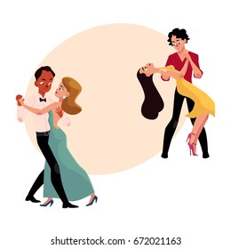 Two couples of professional ballroom dancers dancing, looking at each other, cartoon vector illustration with space for text. Two ballroom dance couples dancing tango, waltz, rumba