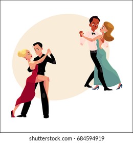 Two couples of professional ballroom dancers dancing, looking at each other, cartoon vector illustration with space for text. Two ballroom dance couples dancing tango, waltz, rumba