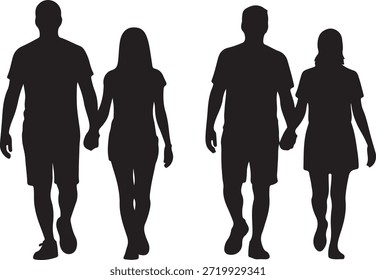 Two couples are rendered in black silhouettes against a white background, showing two pairs of people walking hand in hand. The silhouettes depict casual summer outfits.