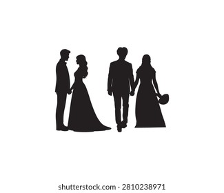 Two couples in silhouette holding hands and standing together on a white background Keywords: silhouette, couples