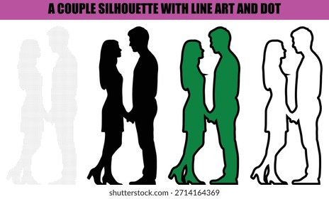 Ilustración de silueta de dos parejas creada con un elegante arte lineal y un patrón punteado, ilustraciones modernas de Vector mínimo aisladas sobre fondo blanco para diseño digital, carteles, marca y creatividad 