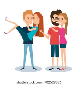 two couples of young people together cartoon style