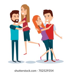 two couples of young people together cartoon style