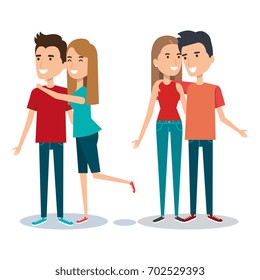 two couples of young people together. cartoon style.