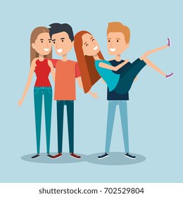 two couples of young people together cartoon style