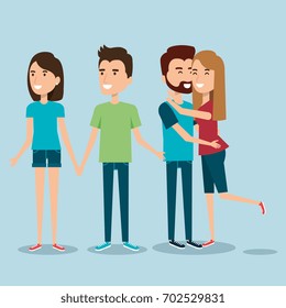 two couples of young people together cartoon style