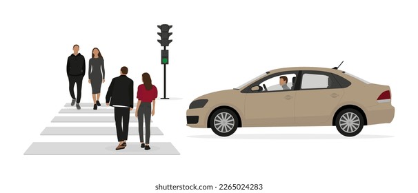Dos parejas de jóvenes caminan a lo largo de un paso peatonal mientras un auto con un conductor está parado frente a un semáforo