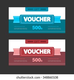 Two coupon voucher design. Gift voucher template with amount of discount and Contact Information. For hotel, restaurant, shop or other business.