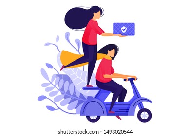 Two Courier Girls Delivering Goods on Scooters. Logistic Delivery Courier Transport Service For E-Commerce. Character Concept Vector Illustration For Web Landing Page, Banner, Mobile Apps, Card