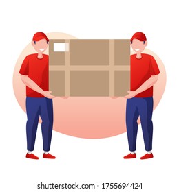 Two Courier Man characters carry big box package in flat design style. Dressed in delivery service uniform. Vector illustration.