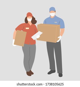 two couriers in face masks, a man and a woman. Shipping during the quarantine. Prevention of coronavirus, covid-19. Vector flat illustration.