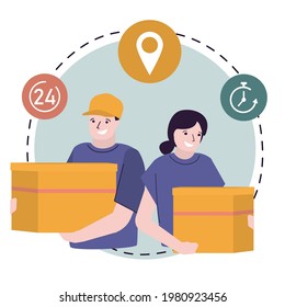 Two couriers holding cardboard boxes. Man and woman delivering orders to customers. Deliveryman with parcel. Fast delivery service and transportation company. 24 hour delivery.Flat vector illustration