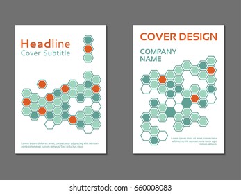 Two cover design layouts with hexagon pattern in red and sea green color. Promotional brochure templates set. Business vector cover collection. Booklet, magazine, brochure geometric design.
