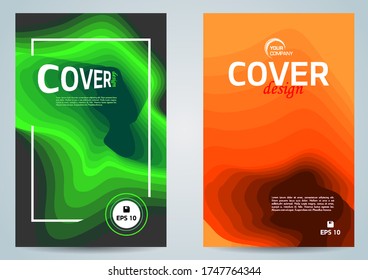 Two cover, flyer set with 3D abstract paper cut background in green and orange color. Vector template bannere, leaflet design presentations