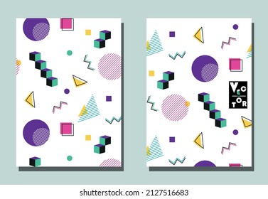 Two covers for brochures.  Memphis style. Colorful wallpaper with squares, lines, zigzags. Yellow, green, pink, violet color. 
