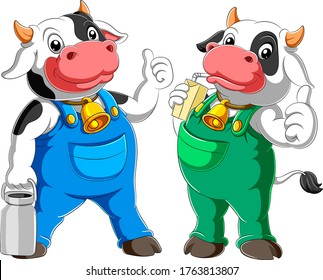 Two cow cartoon standing and drinking milk of illustration 