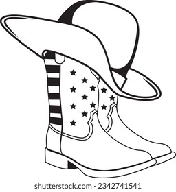 Two Cowboy boots with star and hat vector drawing. 