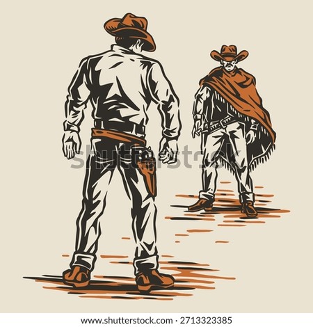 Two cowboys face each other in a tense standoff on a dusty street. One cowboy is wearing a poncho while the other is ready for action. The atmosphere is charged with anticipation.