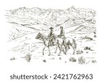 Two cowboys on horseback in the countryside